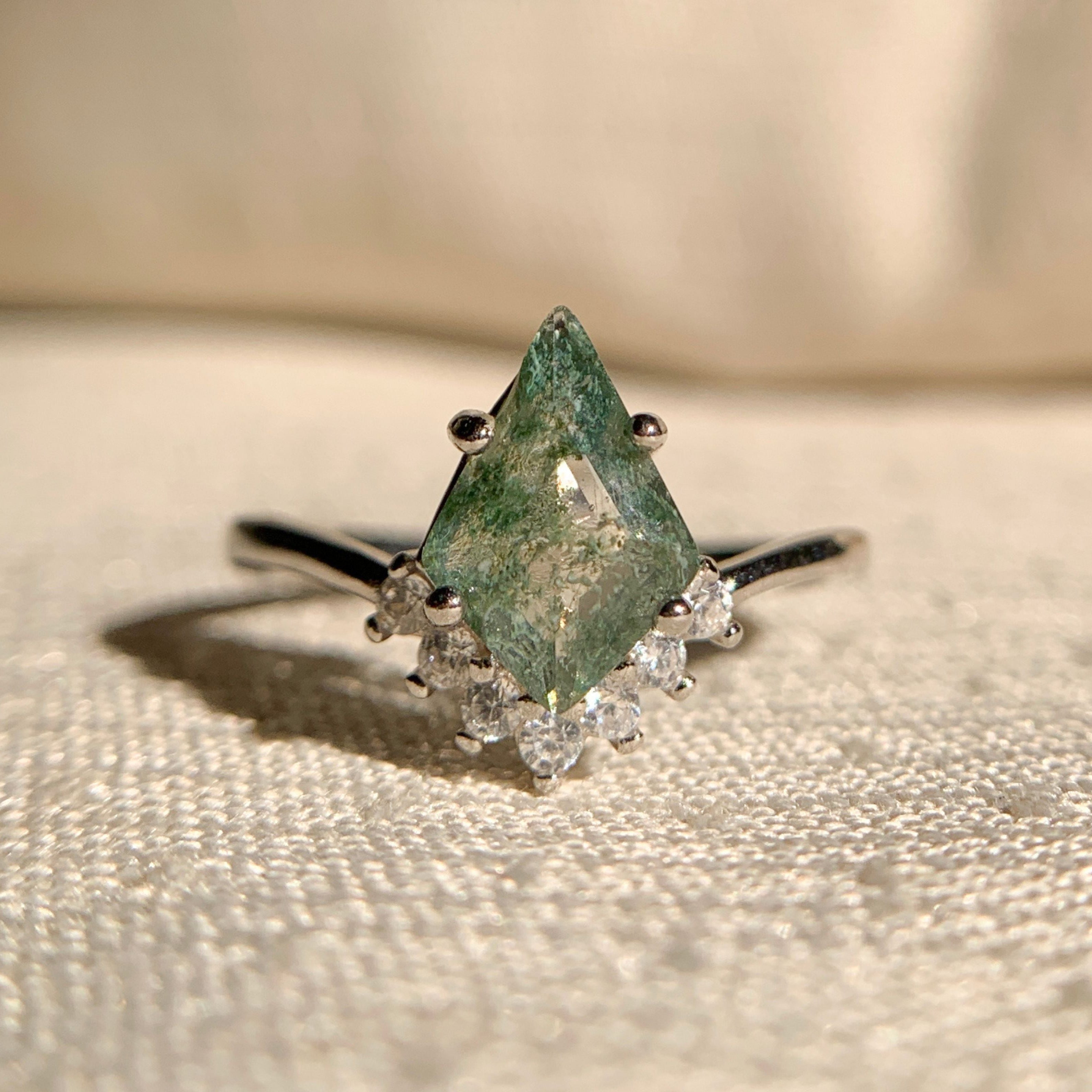 Sterling silver moss agate and diamond engagement ring with natural green marbling